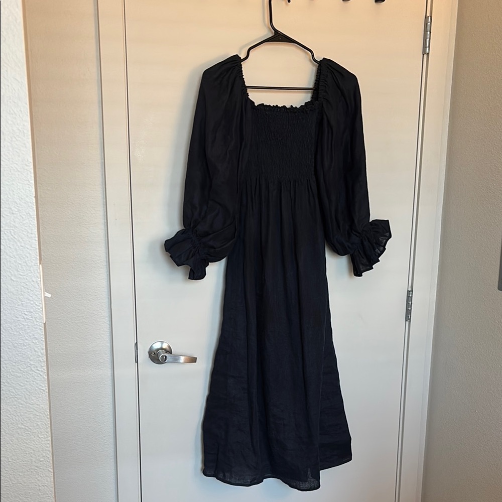 Daily Sleeper Navy Blue 100% Linen Smocked Long Sleeve Sundress